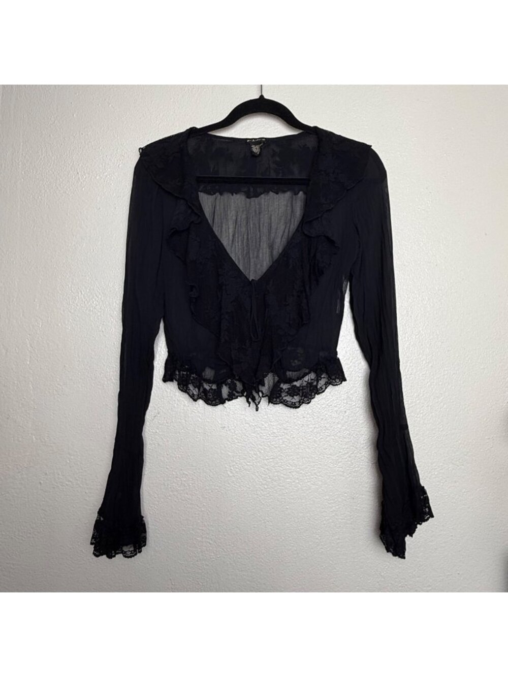 Vintage Y2K FANG Sheer Black Lace Blouse w/ Ruffle Front & Bell Sleeves Sz S